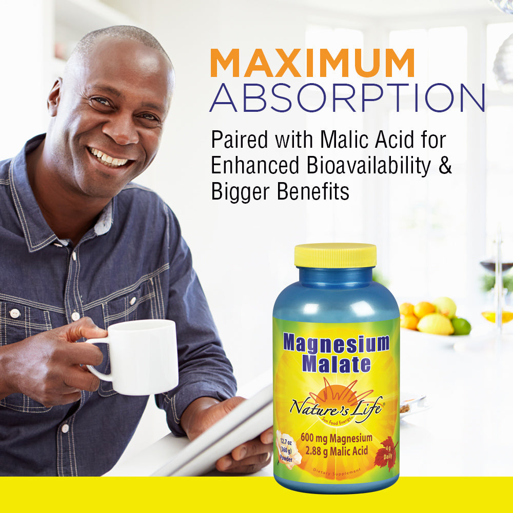 Nature’s Life Magnesium Malate Powder with Malic Acid, 600mg, Healthy Heart, Muscle & Bone Health Support, 90 Servings