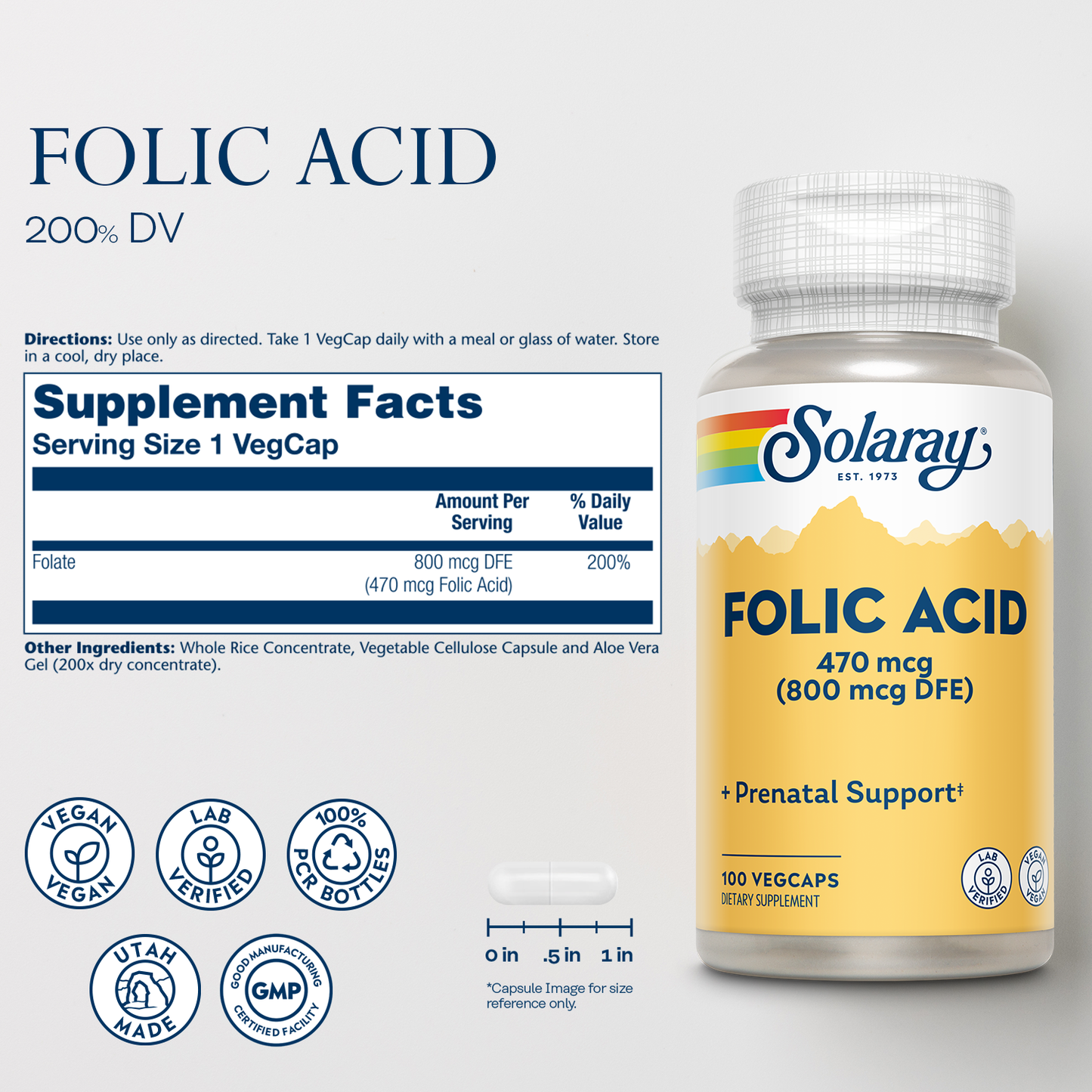 Solaray Folic Acid - Vitamin B9 Folic Acid Supplement, Prenatal Vitamin - Blood Cell Development Support - Vegan, Lab Verified, 60-Day Guarantee - 100 Servings, 100 VegCaps