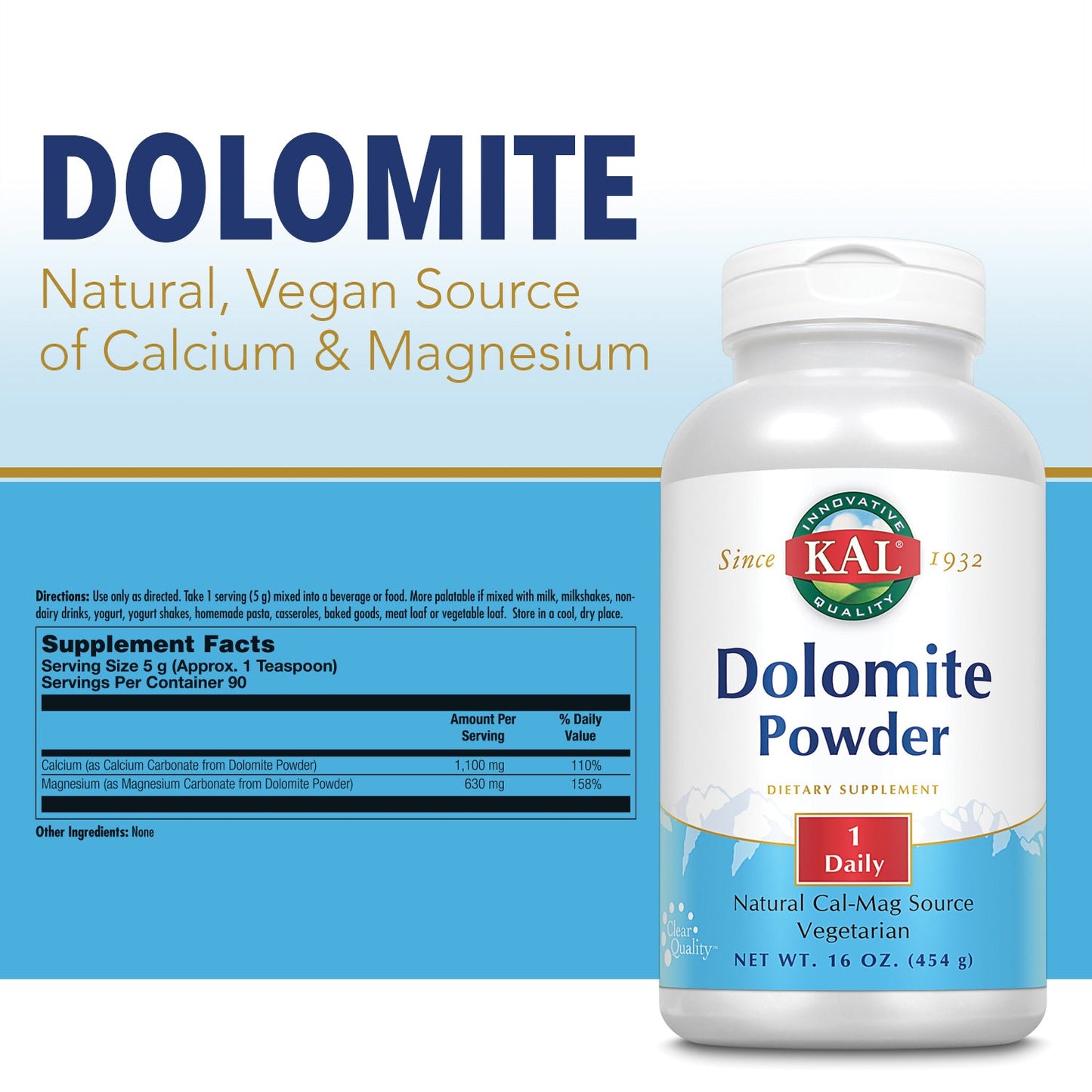 KAL Dolomite Powder | Natural Calcium & Magnesium Source | Bone & Heart Health Support | Fast-Acting | 16oz, 90 Serv.