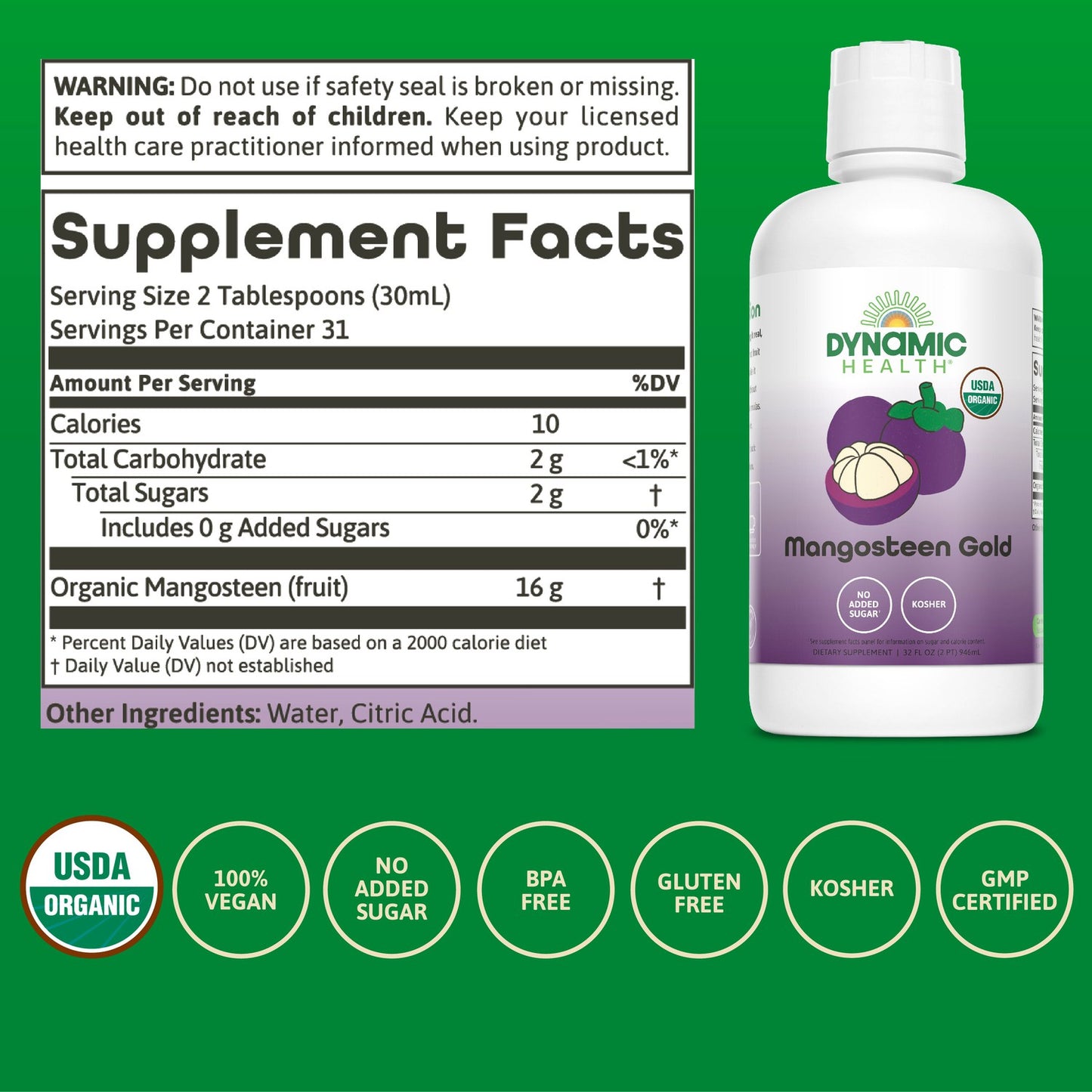 Dynamic Health Mangosteen Gold, Organic Mangosteen 100% Juice, No Additives, Antioxidant, Immune Support, Vegan, Gluten Free, Non-GMO, 32 Fl oz