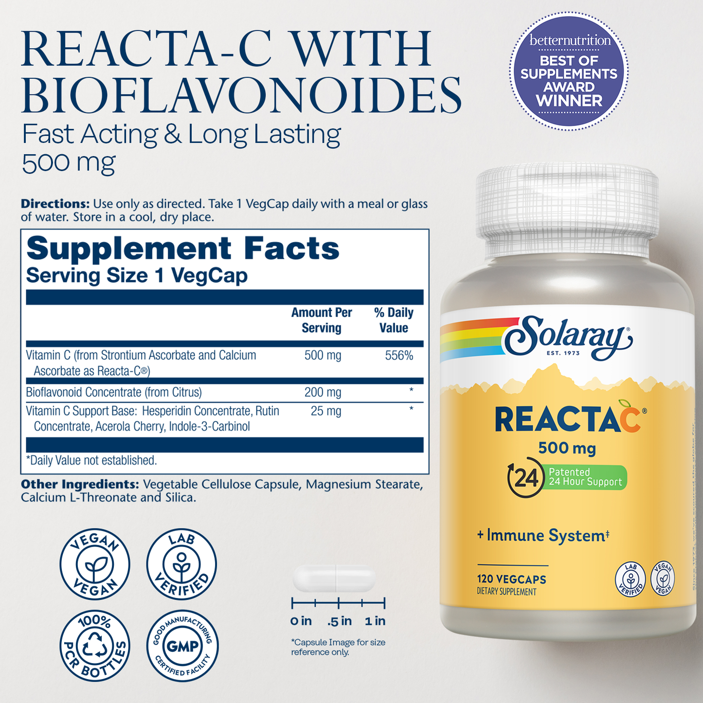 Solaray Reacta-C with Vitamin C 500mg - 200mg Bioflavonoid Concentrate, Immune Defense Vitamins - Patented 24 Hour Immune Support Supplement - Vegan - 120 Capsules, 120 Servings