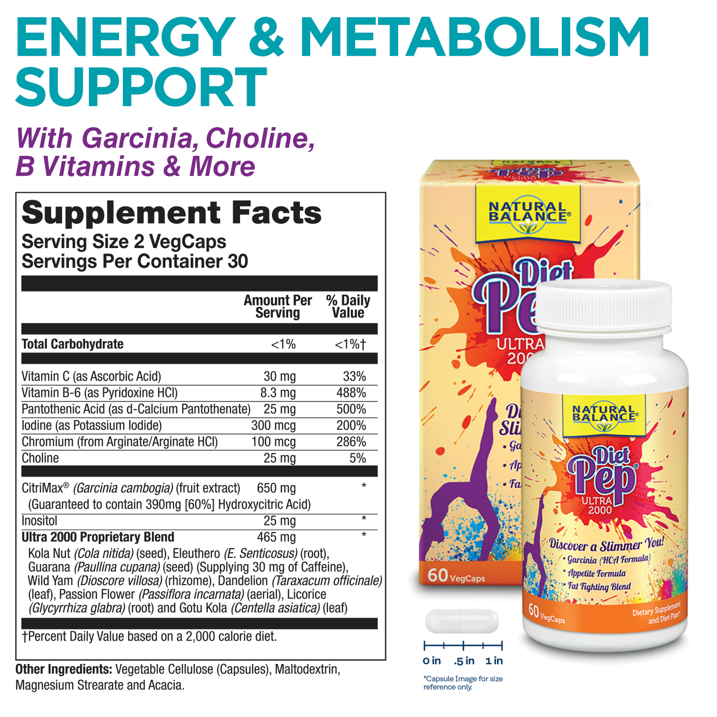 Natural Balance Ultra Diet Pep 2000 Weight Management Support* Supplement, Healthy Energy, Metabolism & Appetite Formula* w/ Garcinia Cambogia, Choline, Eleuthero & B Vitamins, 30 Servings, 60 VegCaps