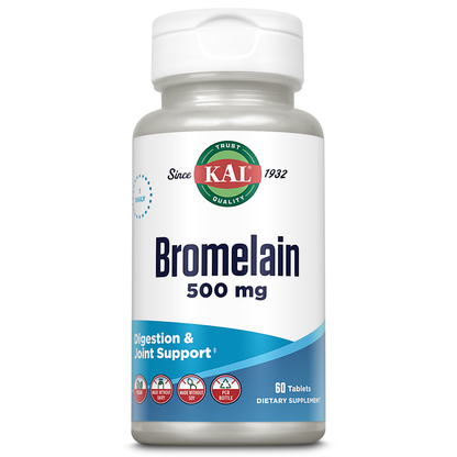 KAL Bromelain 500 mg, Digestion and Joint Support Supplement, Digestive Enzymes, Pineapple Extract, Rapid Disintegration, Vegan, Made Without Dairy or Soy, Lab Verified, 60 Servings, 60 Tablets