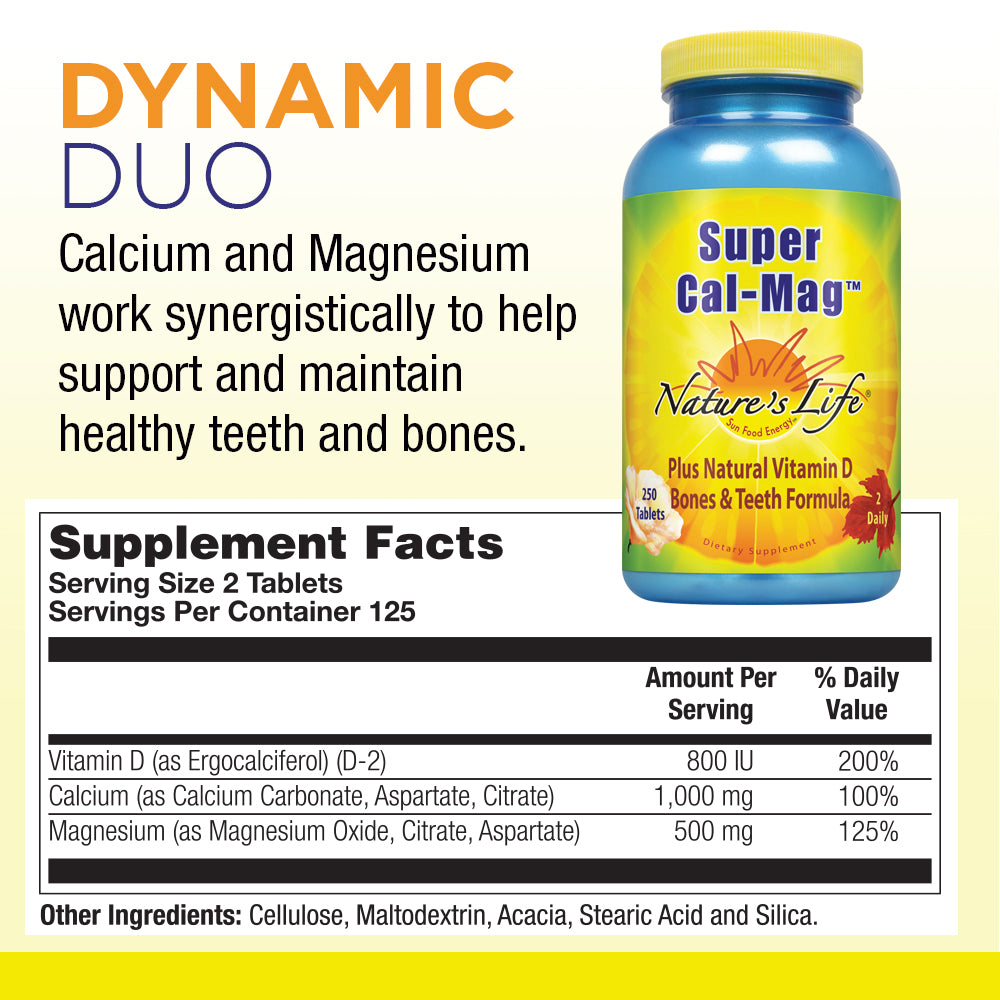 Nature's Life Super Cal Mag | 1000mg of Calcium & 500mg of Magnesium with Vitamin D-2 | Healthy Teeth & Bones Support (250 CT)