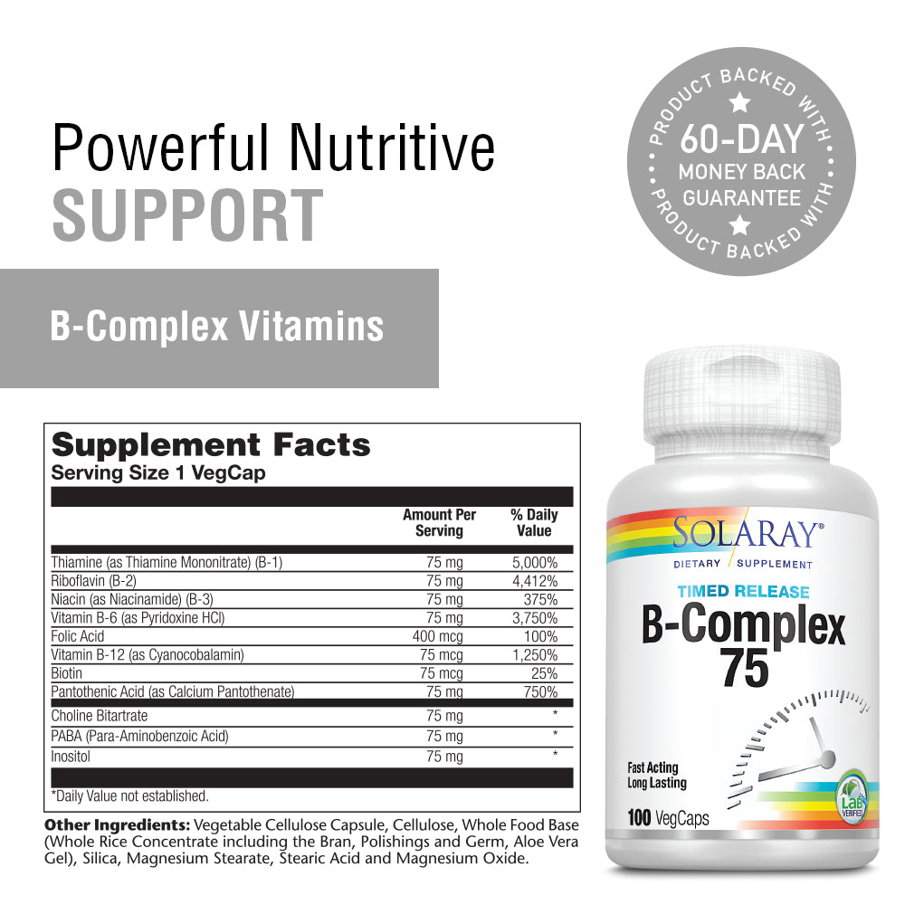Solaray Vitamin B-Complex 75mg | Two-Stage Timed-Release for Extended Availability | Support for Hair, Skin, Nails, Nerves, Immune Function | 100 CT
