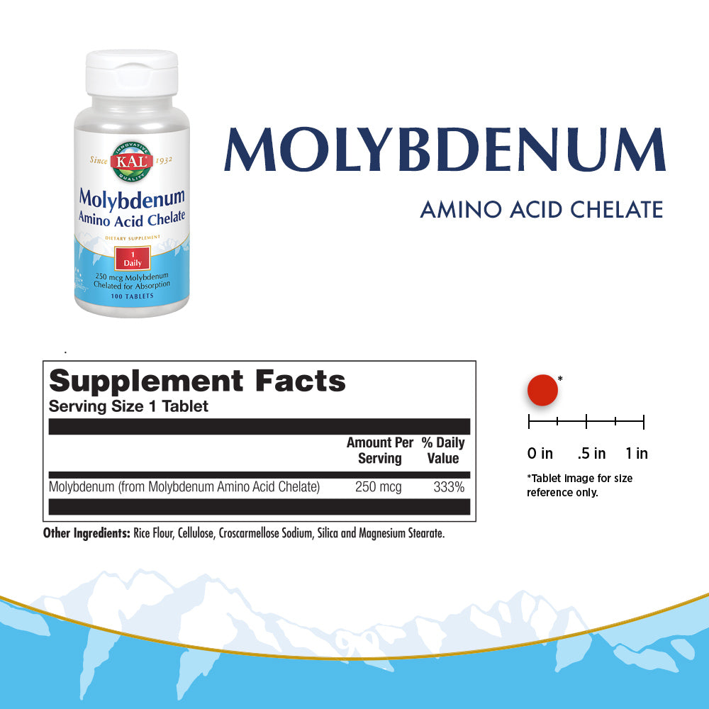 KAL Molybdenum Amino Acid Chelate 250 mg | Healthy Metabolism & Protein Synthesis Support | Chelated for Bioavailability | Vegetarian | 100 Tablets