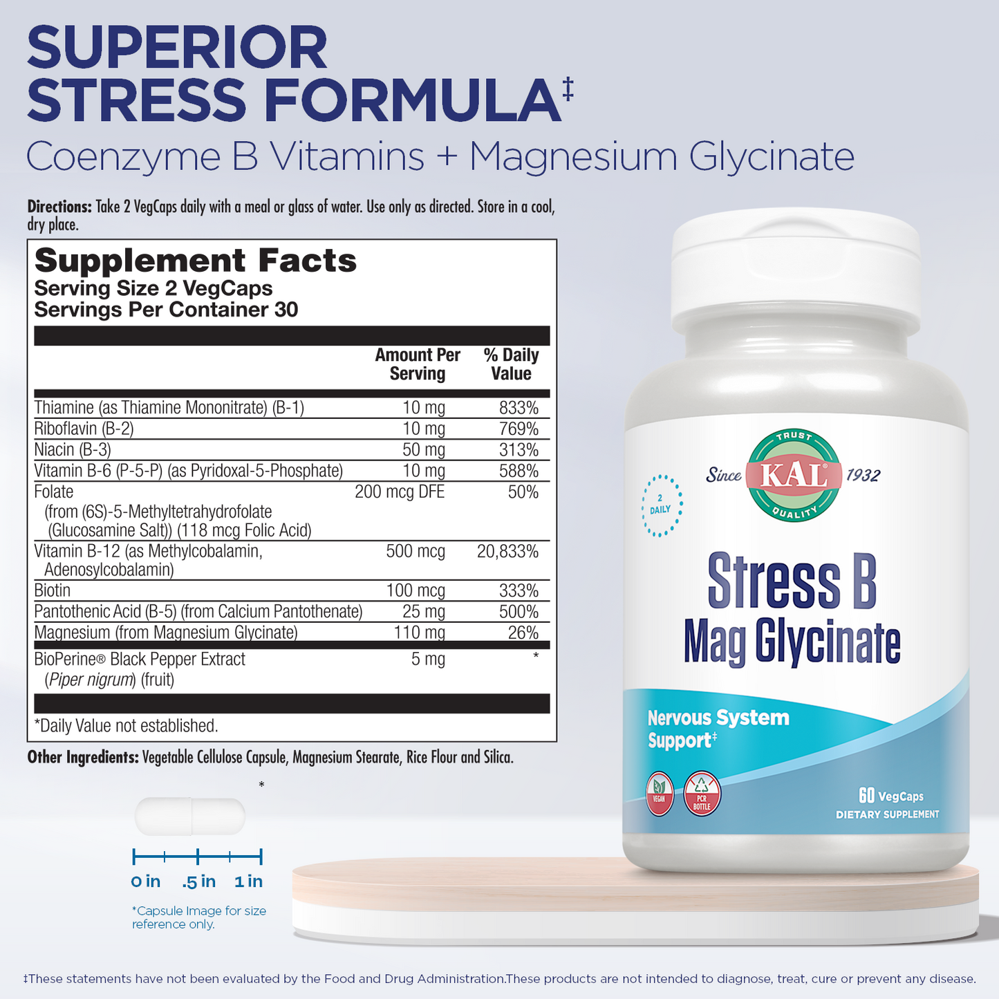 KAL Stress B Mag Glycinate, B Complex Vitamins Plus Magnesium, Active Forms Coenzyme Vitamin B-6, Methylcobalamin, and Folate from 5-MTHF, Healthy Mood & Relaxation Support, 30 Servings, 60 VegCaps