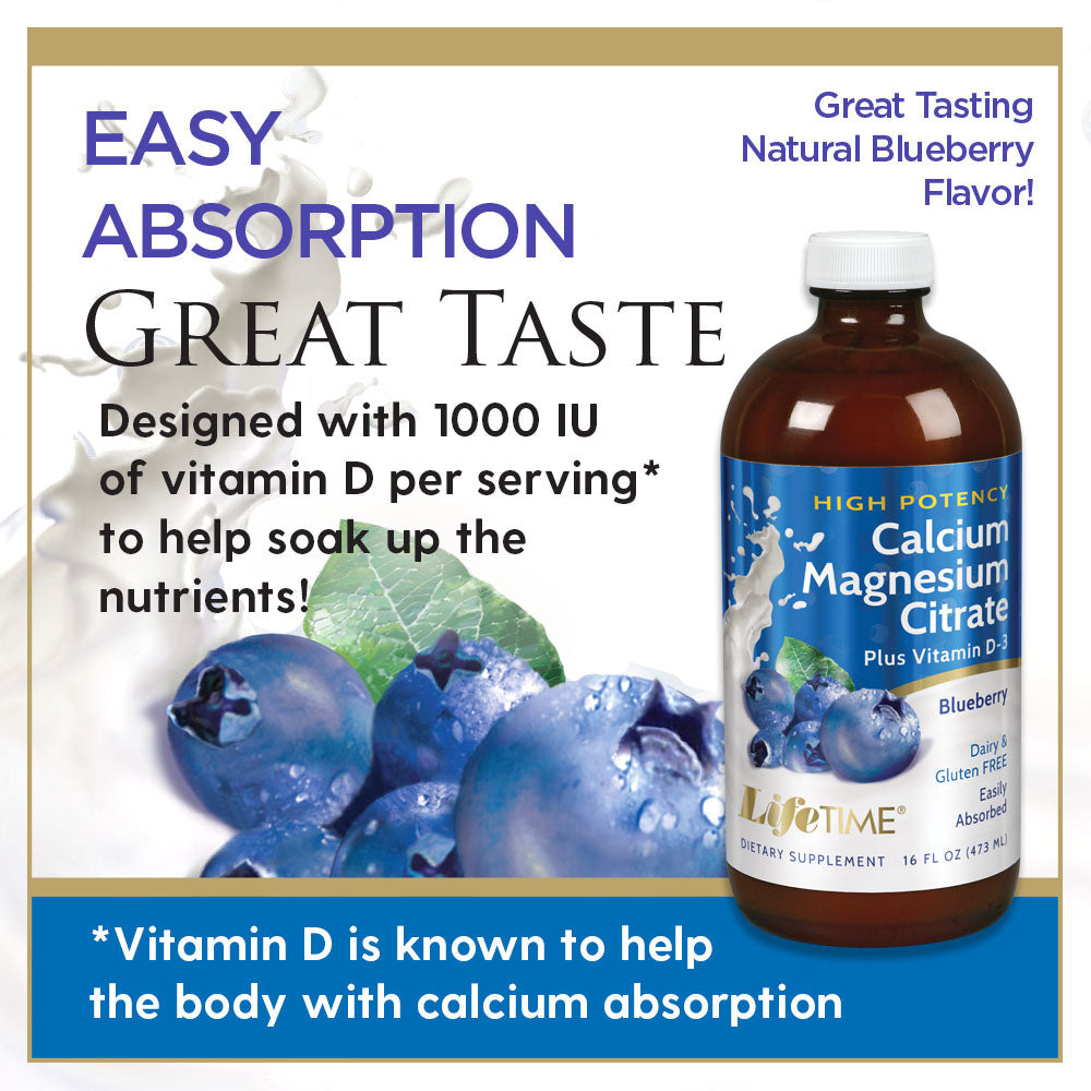 Lifetime High Potency Calcium Magnesium Citrate w/ Vitamin D-3 | Bone & Muscle Support | Easy Absorption, Dairy & No Gluten | Blueberry | 16 FL oz