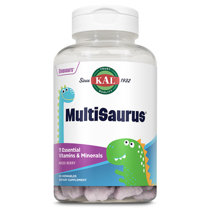 KAL MultiSaurus Kids Chewable Multivitamins, 11 Essential Vitamins and Minerals for Kids, Mixed Berry Flavor, Gluten and Preservative Free, 90 Servings, 90 Dinosaur-Shaped Chewables