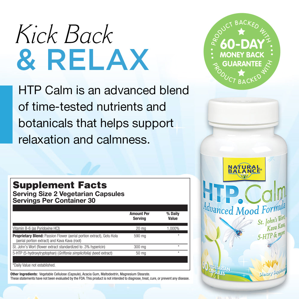 Natural Balance HTP Calm | Herbal Supplement Helps Support Mood, Relaxation & Stress | Vitamin B-6, Kava Kava & St. Johns Wort | 60 Caps