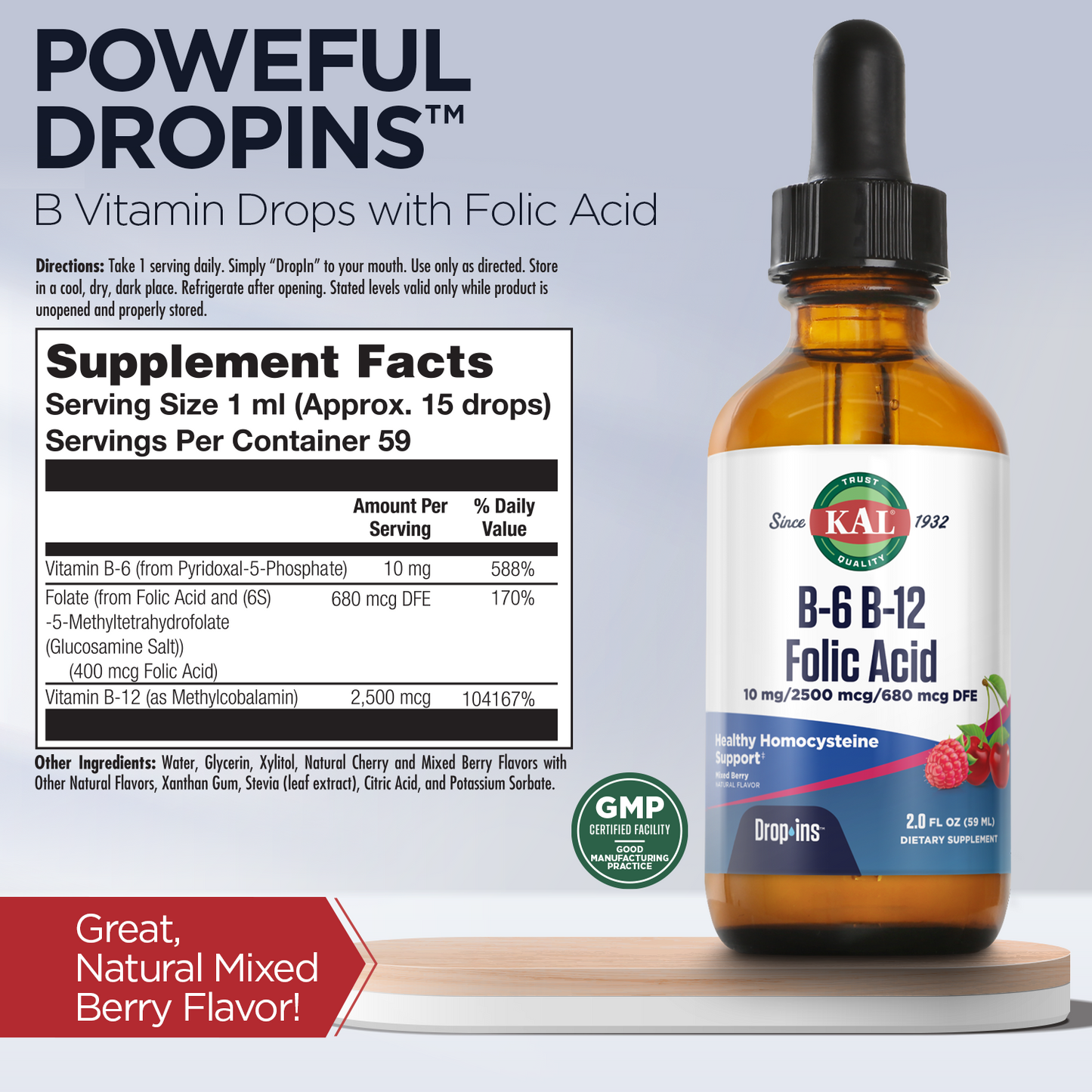 KAL B-6 B-12 Folic Acid DropIns, Natural Mixed Berry Flavor , Vitamin B Complex Drops with 5-MTHF for Healthy Cardiovascular Support , 2 oz