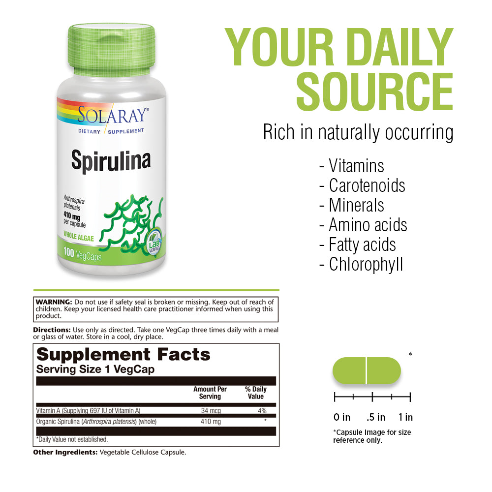 Solaray Spirulina 410mg | Algae Superfood Supports Energy, Vitality & Overall Health | 100ct, 100 Serv.