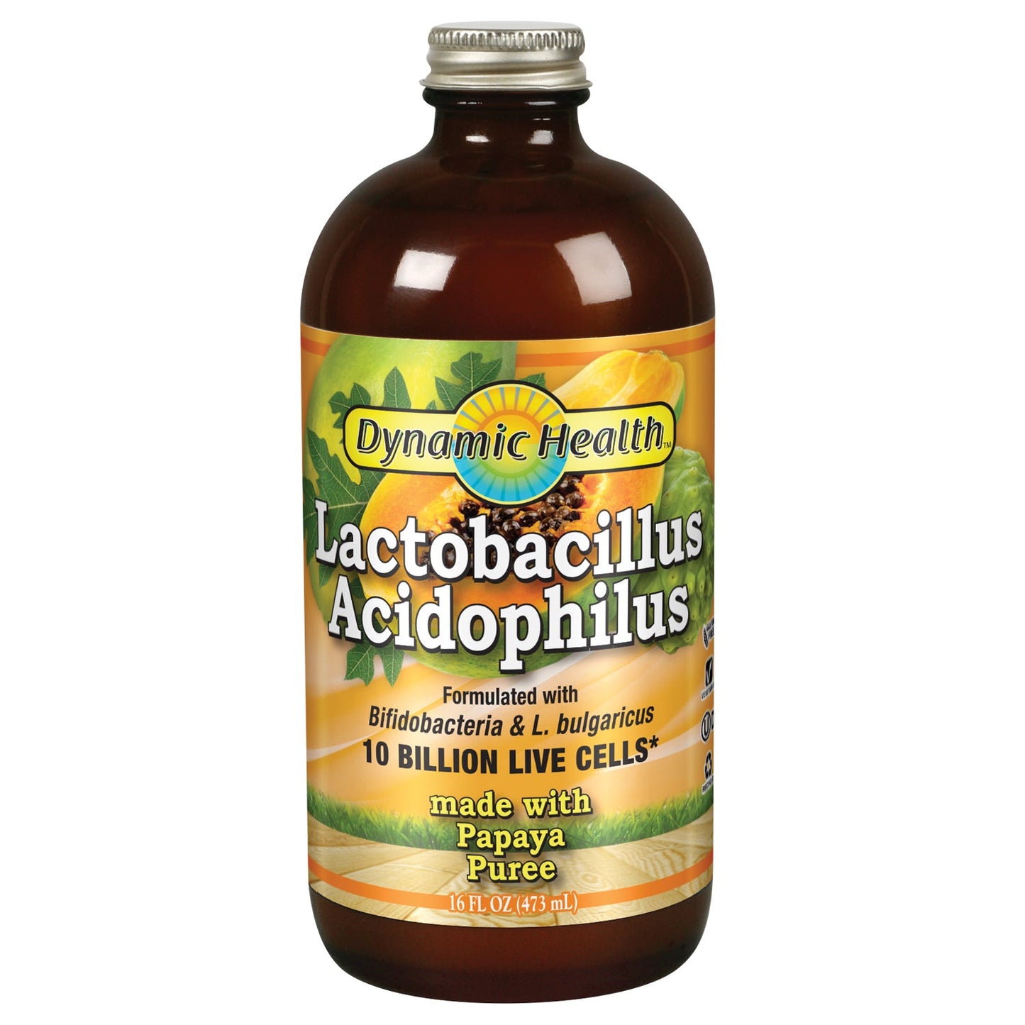 Dynamic Health Lactobacillus Acidophilus, Papaya Puree | Probiotic Intestinal Health | 10 Billion CFU | 16FL OZ, 16 Serv
