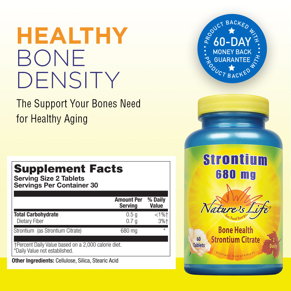 Nature's Life Strontium 680mg | Helps Support Strong Bones & Teeth, Healthy Bone Density, Joint Health | Non-GMO & No Gluten | 60 Vegetarian Tablets