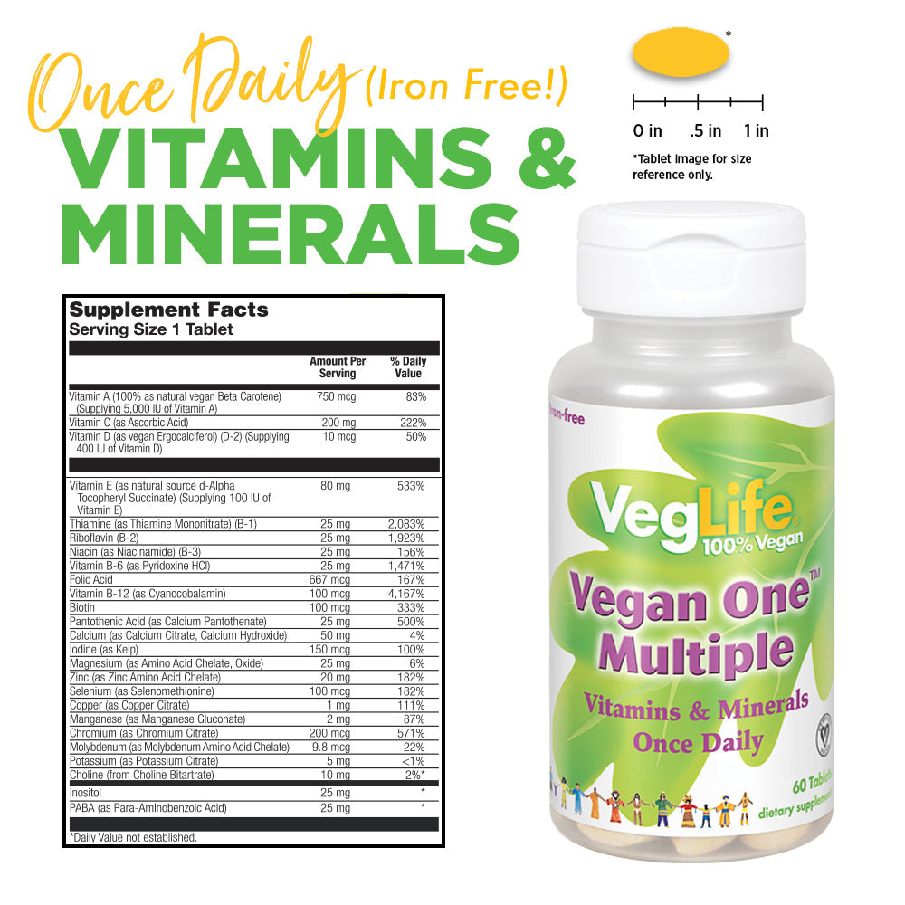 VegLife Vegan One Multiple, Iron-Free | Once Daily Multivitamin & Mineral Complex | Certified Vegan | 60 Tabs, 60 Serv.