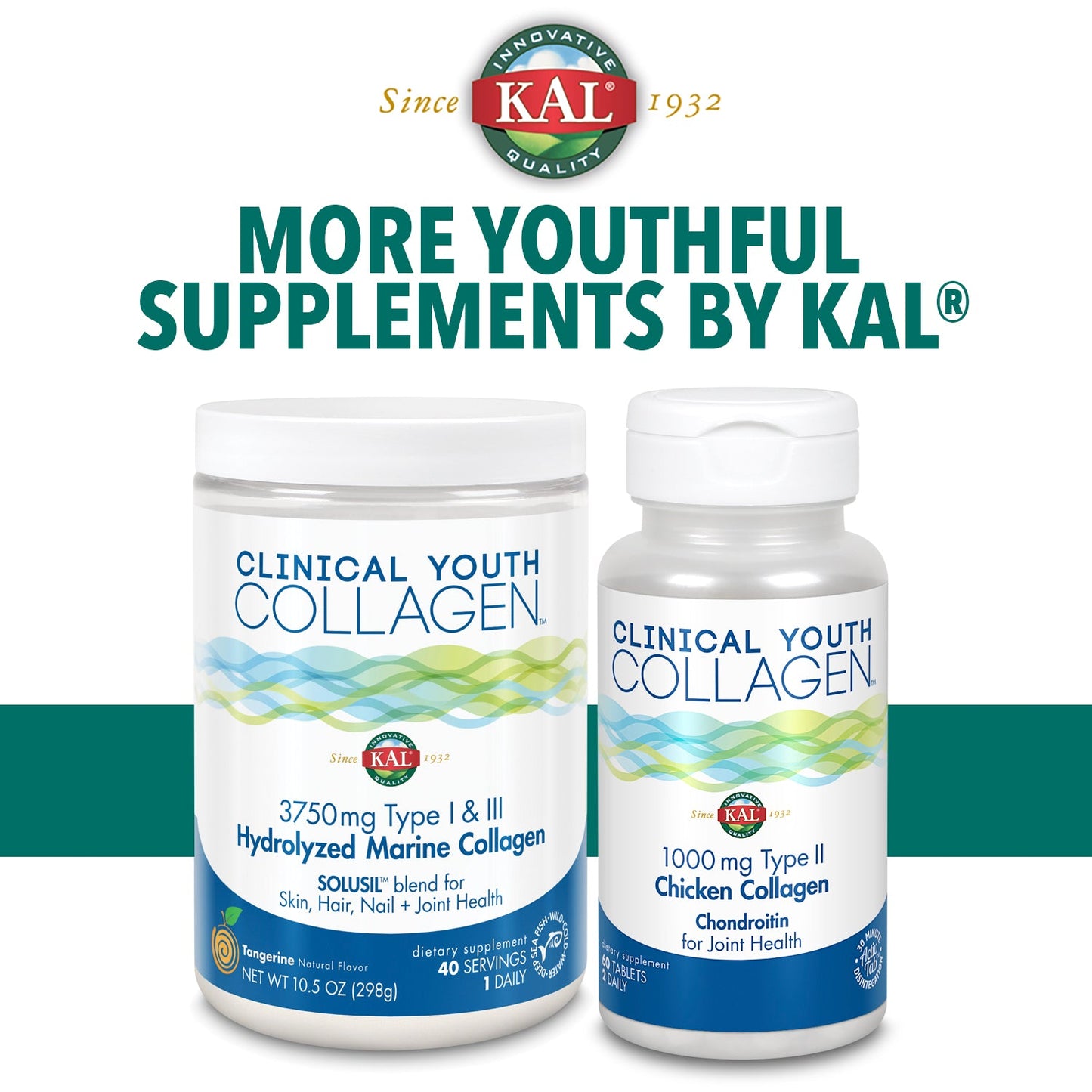 KAL Clinical Youth Collagen | Healthy Skin, Hair, Nail and Joint Support | Hydrolyzed Marine Collagen | 60ct, 30 Serv.