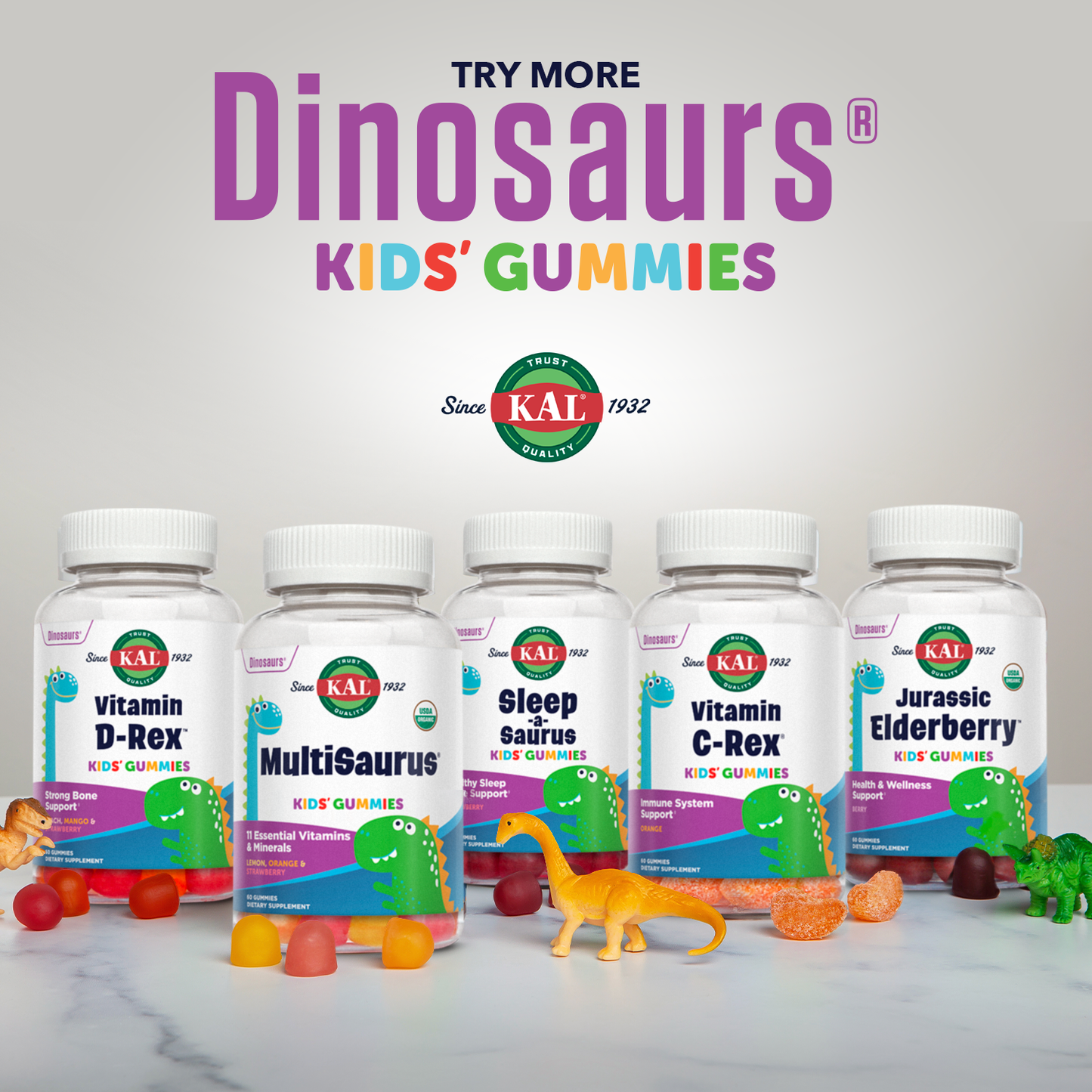 KAL Vitamin D-Rex - Vitamin D Gummies for Kids - Kids Vitamin D3 - Peach, Mango, and Strawberry Flavors - Immune, Heart, Bone & Oral Support - Vegetarian, Gluten Free - 60 Servings, 60 Gummies