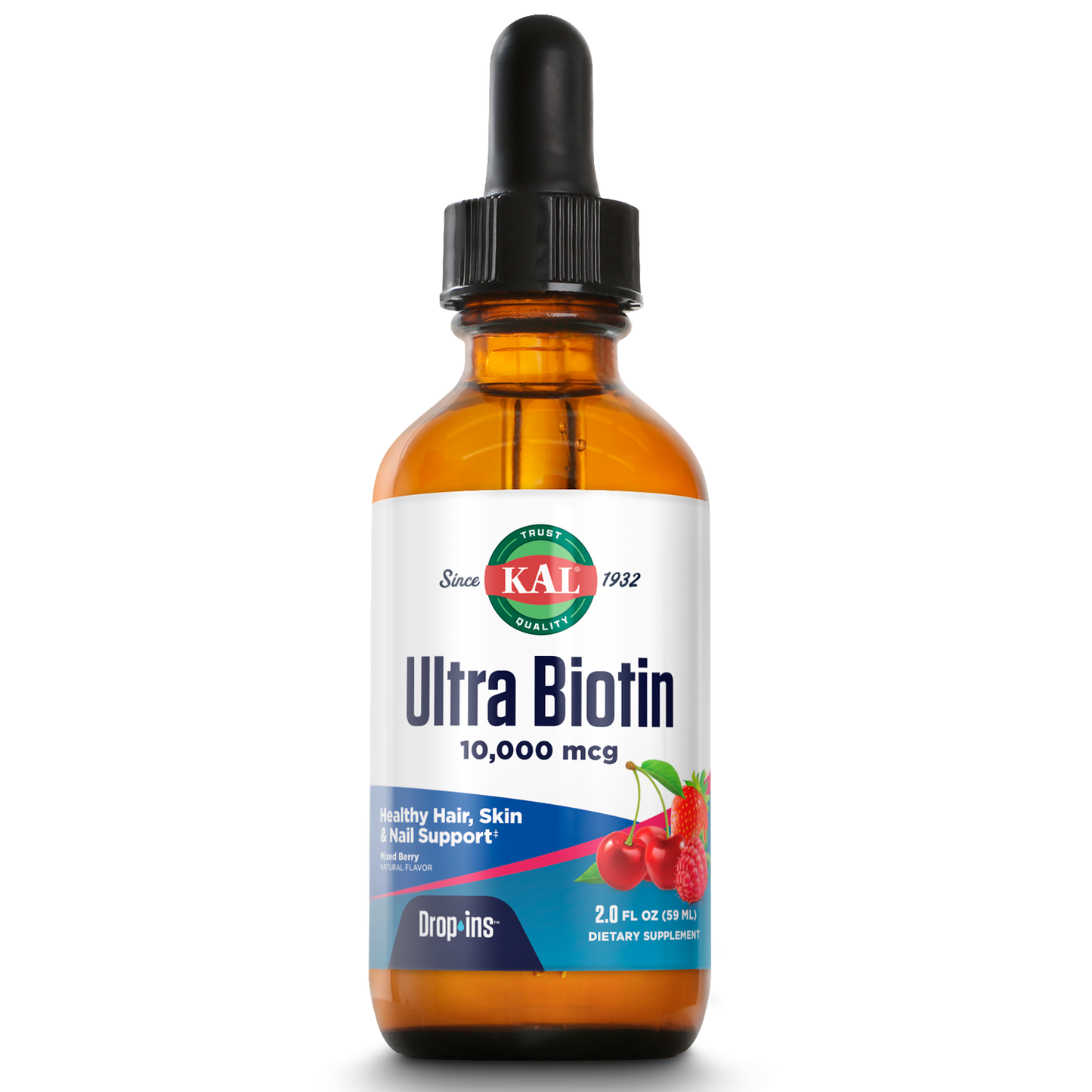 KAL Ultra Biotin 10000mcg DropIns, Liquid Biotin Drops, Hair Growth Supplement, High Potency Vitamin B7, Healthy Hair, Skin, Nails and Energy Support, Natural Mixed Berry Flavor, Approx. 59 Serv, 2oz