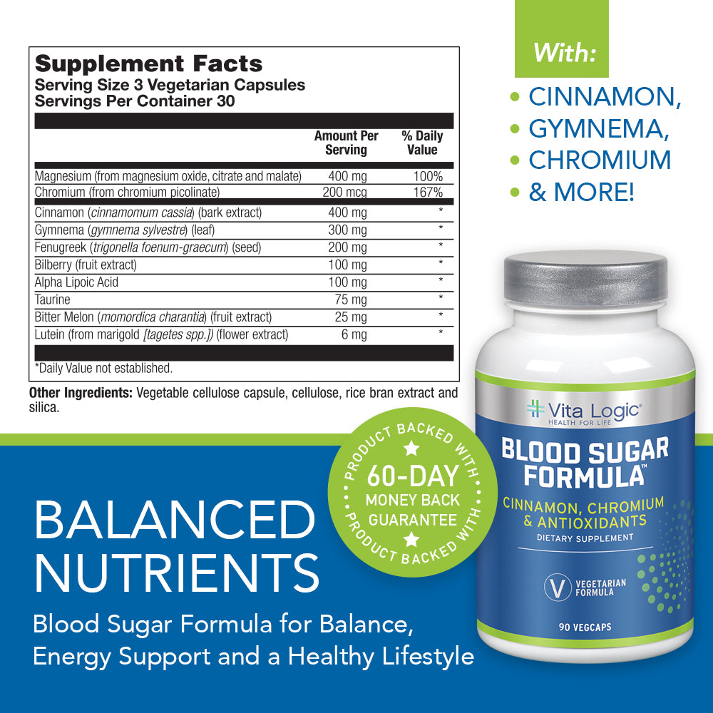 Vita Logic Blood Sugar Formula | Healthy Blood Sugar & Glucose Metabolism Support w/ Cinnamon, Chromium & Antioxidants | 90 Veg Caps