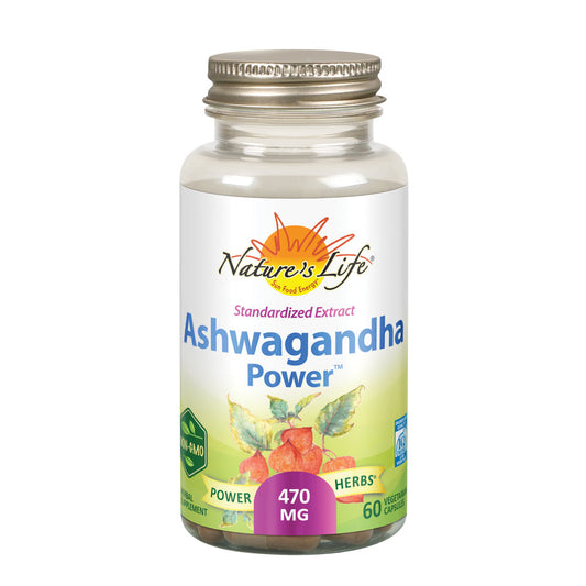 Nature's Life Ashwagandha Power 470mg Herbal Supplement | Standardized Root Extract | Energy, Brain Function & Stress Support | Non-GMO | 60 Veg Caps