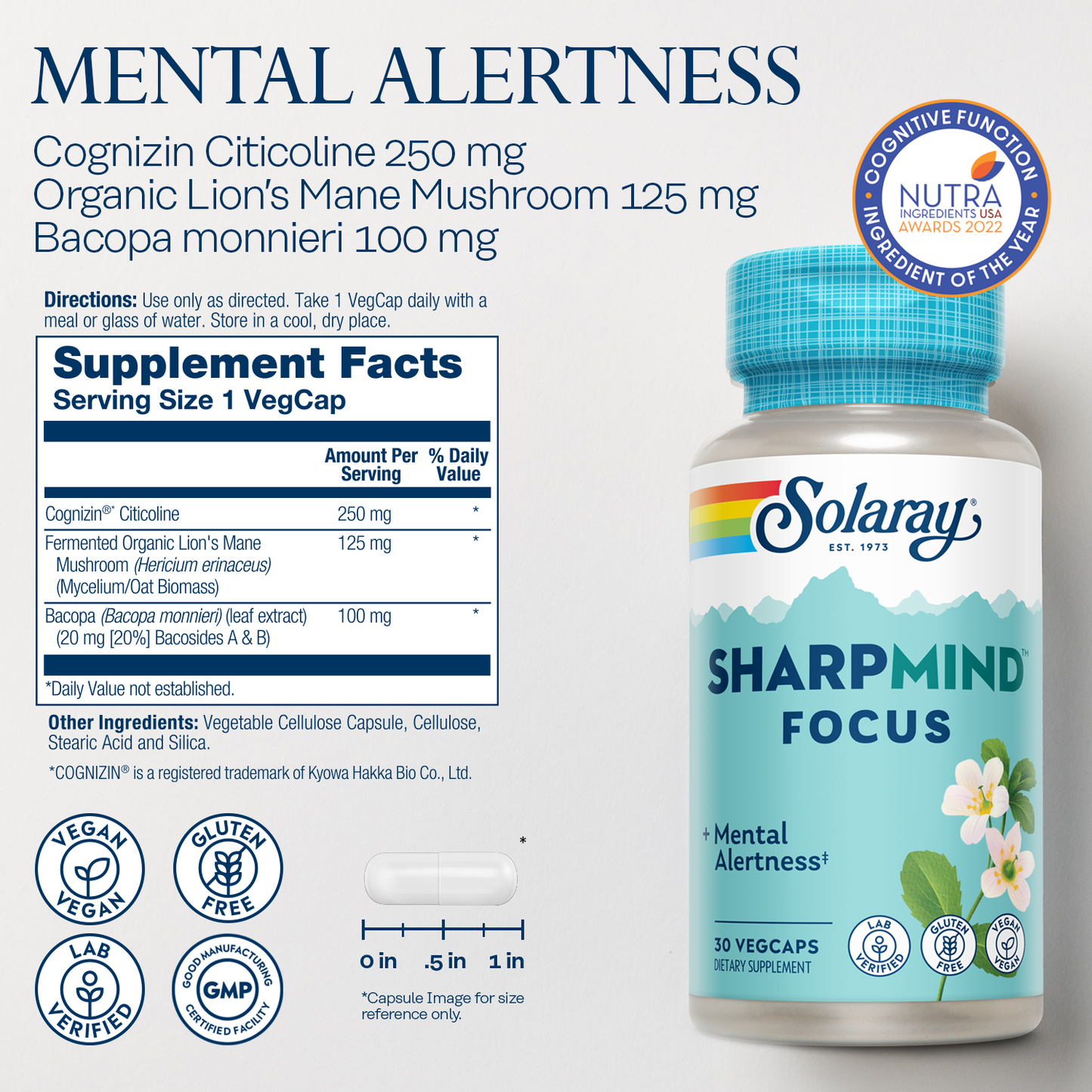 Solaray SharpMind Focus, Mental Alertness Nootropic Supplement, Each Capsule with Cognizin Citicoline, Lions Mane Mushroom, Bacopa Monnieri, Vegan, 60 Day Money Guarantee, 30 Serv 30 Vegetarian Caps