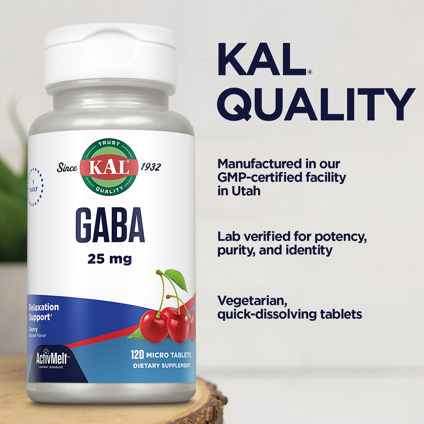 KAL GABA Supplement, Relaxation Support and Stress Relief Support, Natural Cherry Flavor ActivMelt Instant Dissolve, Vegetarian, 60-Day Money-Back Guarantee, 120 Servings, 120 Micro Tablets