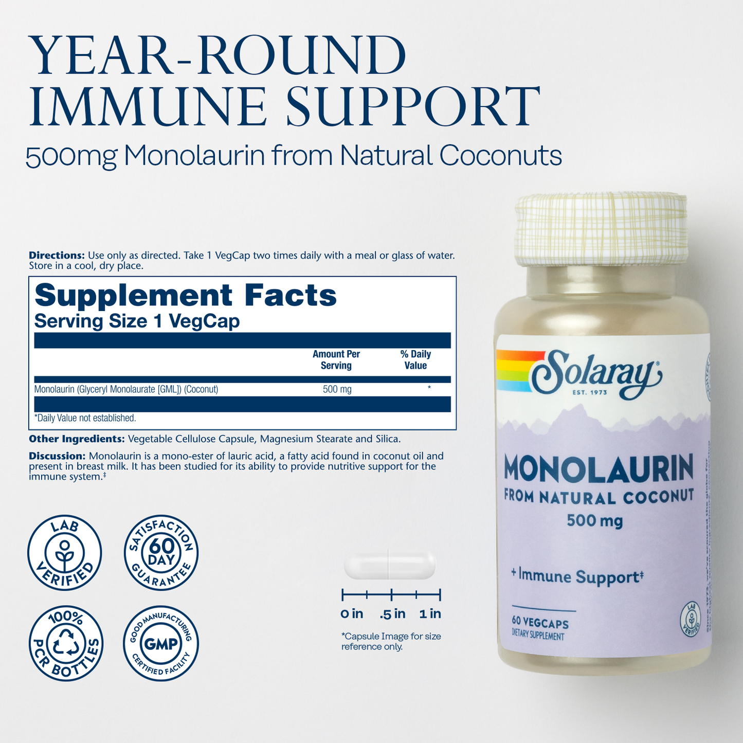 Solaray Monolaurin Supplement, 500 mg, 60 Count