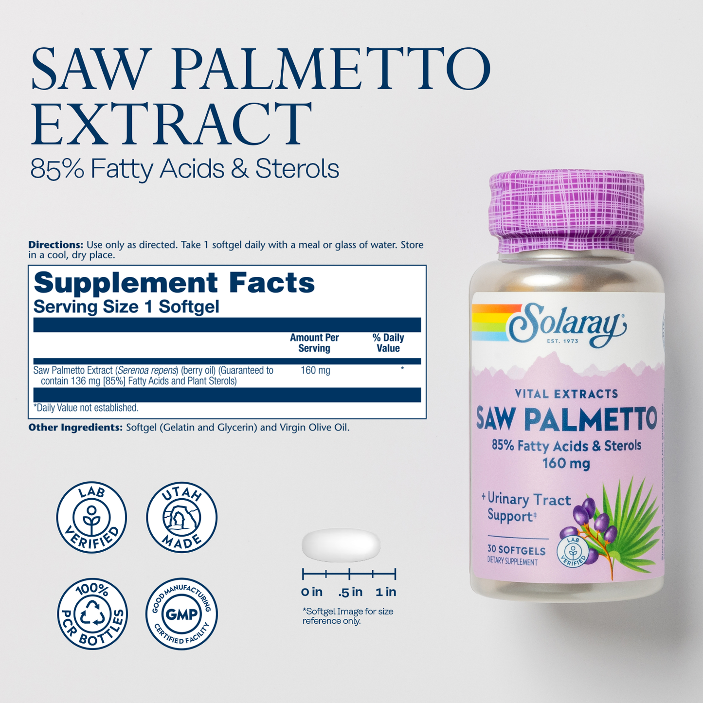 Solaray Saw Palmetto Extract - Prostate Health and Urinary Tract Support - 136 mg Fatty Acids and Sterols - Lab Verified, 60-Day Money-Back Guarantee