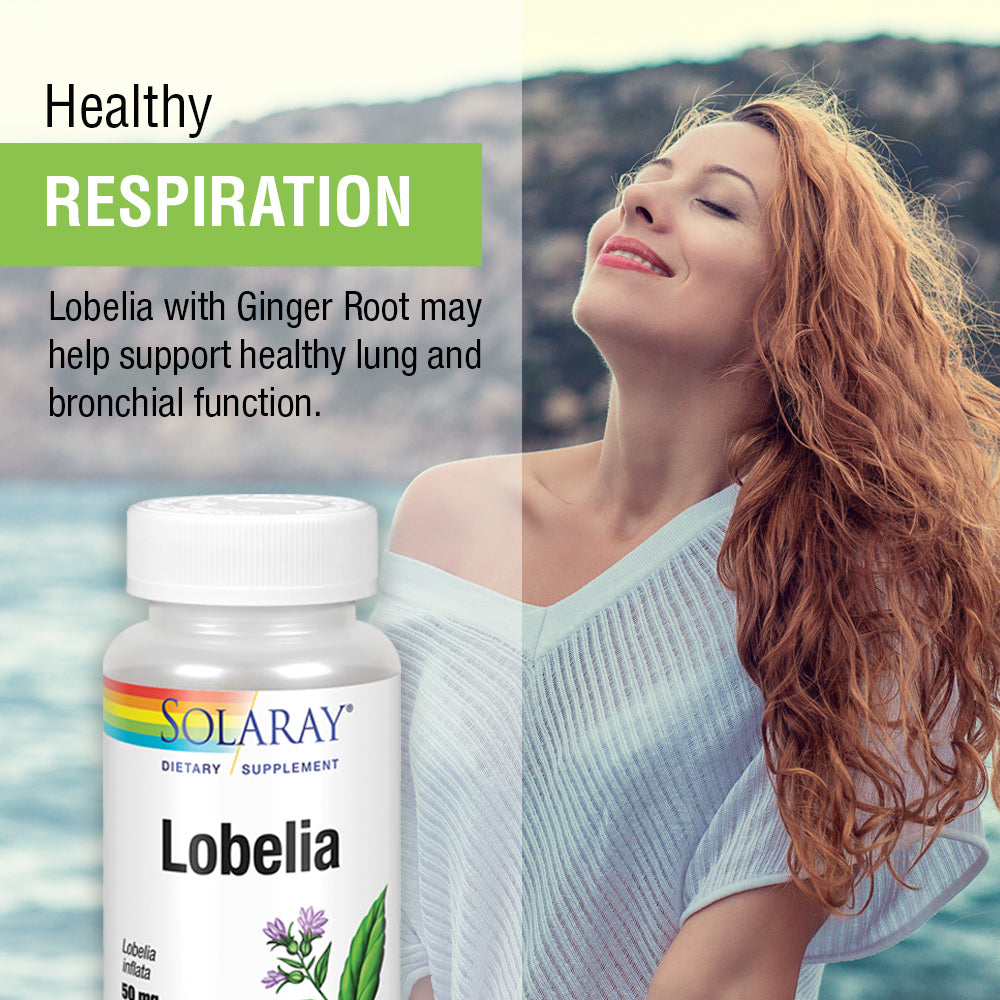 Solaray Lobelia Aerial 50mg | Healthy Respiratory and Bronchial Function Support | Ginger Root for Added Lung Support | Non-GMO & Vegan | 100 VegCaps