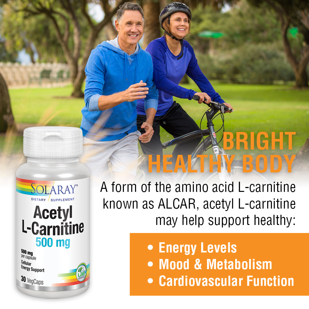 Solaray Acetyl L-Carnitine 500 mg | Healthy Cellular Energy, Memory, Mood, and Cardiovascular Support | 30 VegCaps