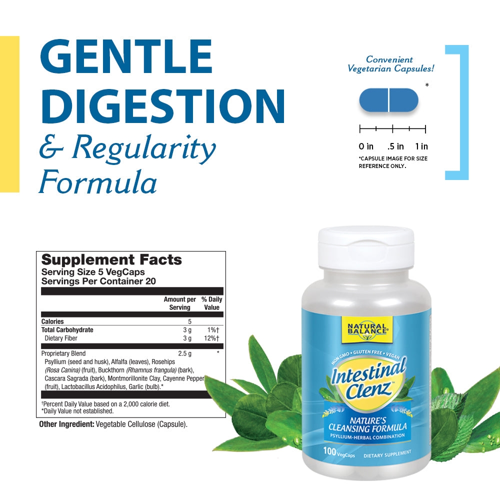 Natural Balance Intestinal Clenz | Psyllium Herbal Cleansing Formula | Healthy Digestion & Regularity Supplement | No Gluten | 100 VegCaps, 20 Serv.